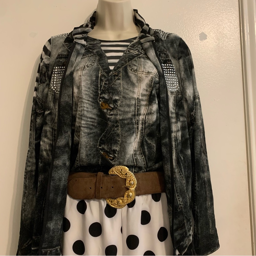 Designer Denim-Style SheerJacket &Top Set Rhinestone Stud Detail wearable Art XL